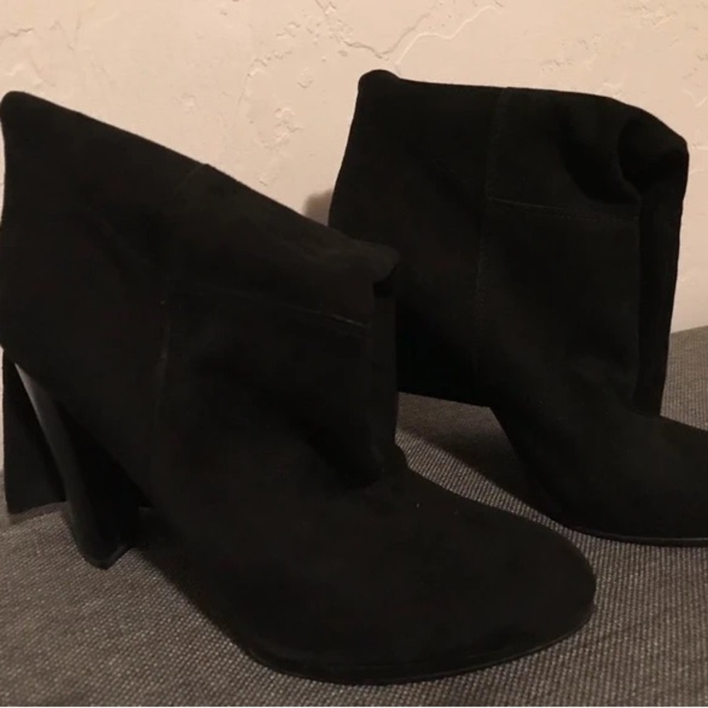 Fold-Top Black Suede Ankle Heeled Boots